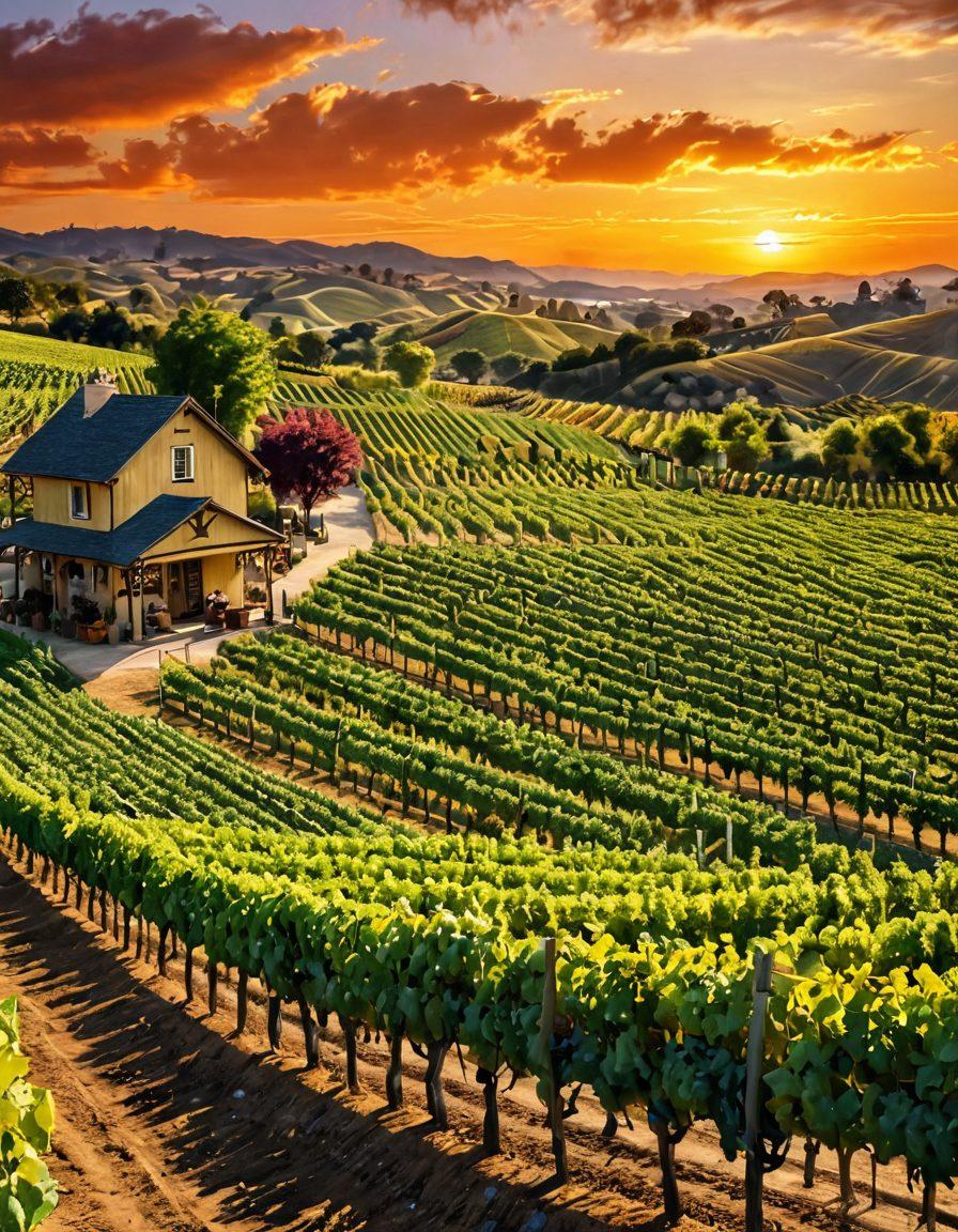 A picturesque virtual vineyard sprawling under a golden sunset, showcasing rows of lush grapevines and a cozy tasting room in the foreground. Include diverse groups of people enjoying wine tastings, sharing stories, and taking virtual tours. Capture the elegance of wine bottles and glasses amidst a scenic backdrop of rolling hills. Emphasize the vibrant colors of sunset along with the rich greens of the vineyard. super-realistic. warm tones. vibrant colors.