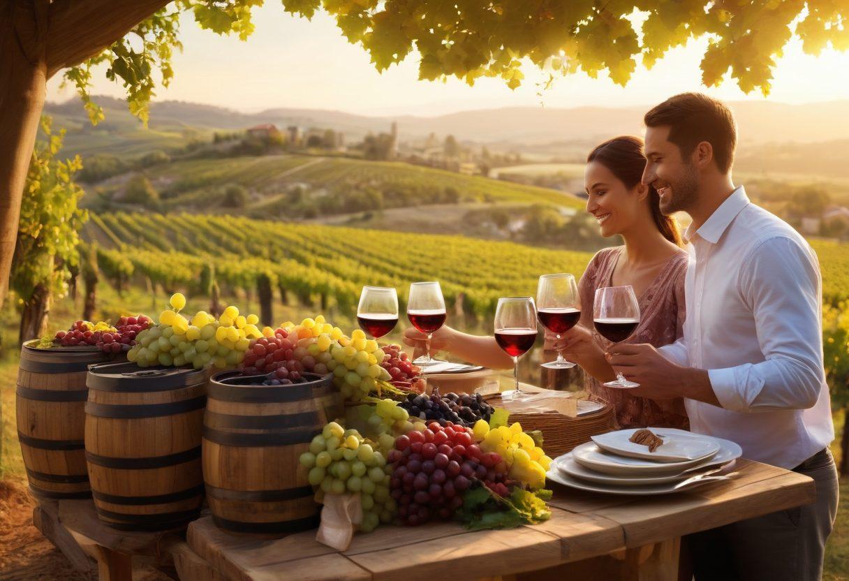A picturesque vineyard at sunset, with a diverse group of people celebrating a wine festival, sampling different wines from beautifully arranged tables. Incorporate wooden barrels, wine glasses filled with rich reds and crisp whites, and vibrant decorations with grapes and lush vines. Emphasize a warm, inviting atmosphere, showcasing joy and camaraderie among wine enthusiasts. super-realistic. warm colors. 3D.