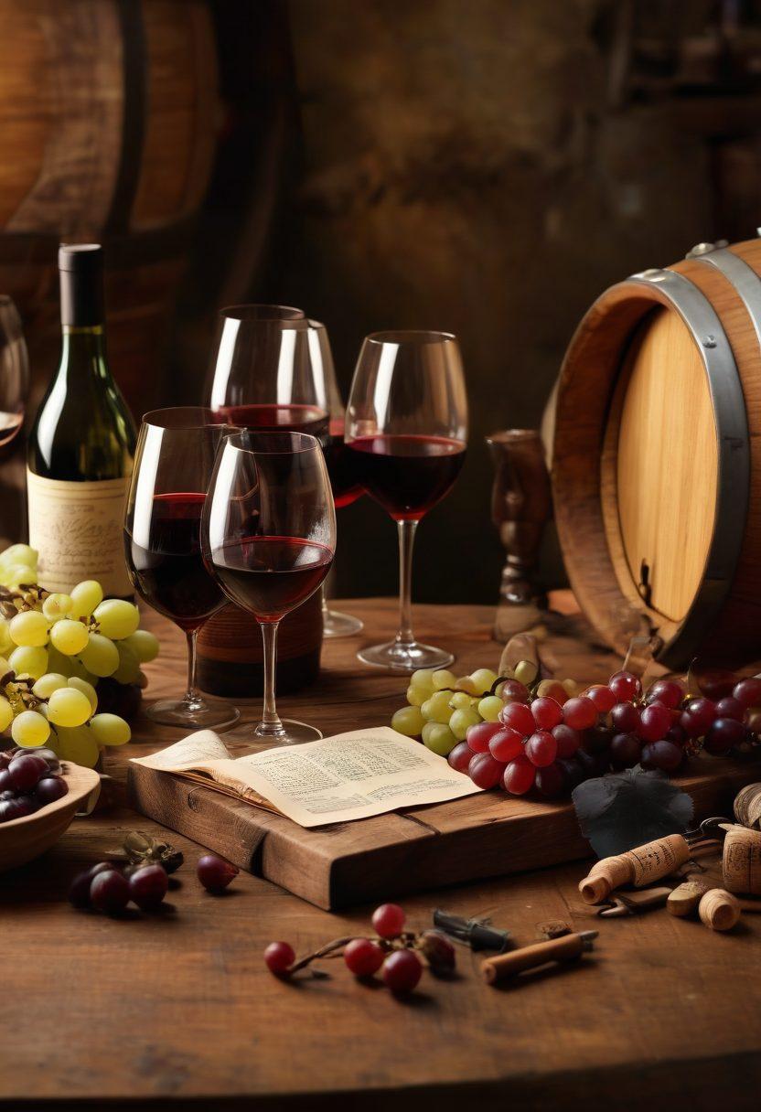 An elegant wine workshop setting with wooden barrels and glasses of various wines on a rustic tabletop. Grapes artfully scattered alongside a corkscrew and tasting notes, with soft ambient lighting that highlights the rich colors of red and white wines. A warm, inviting atmosphere encourages exploration and appreciation of wine. vintage style, super-realistic, warm tones.